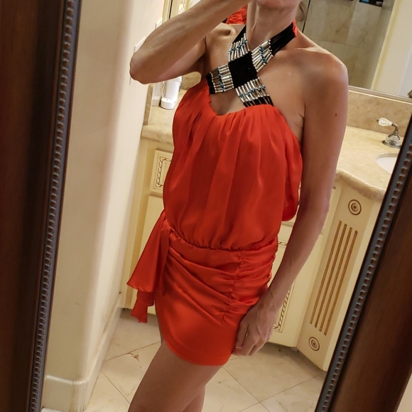 Gorgeous Bebe orange silk halter dress,  XS - Picture 3 of 8